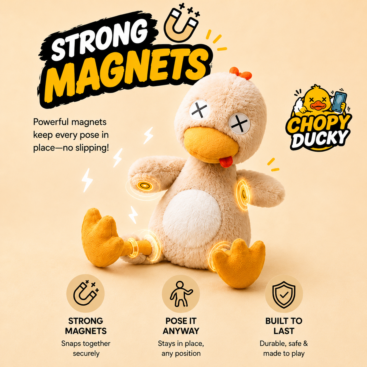 Magnetic limbs inside detachable duck plush